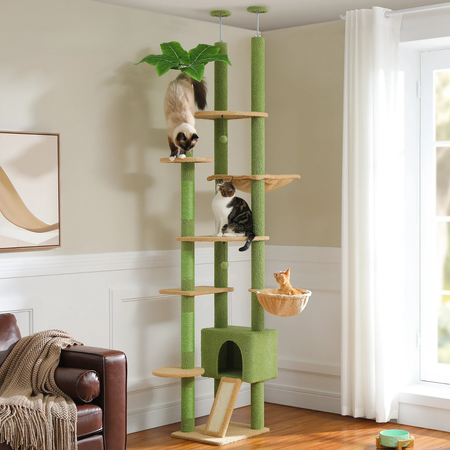 (faire photo) Arbre à Chat XXL Sol-Plafond 252cm - Structure Robuste 16kg, 5 Griffoirs Sisal, Hamac et Niche - 4 Coloris