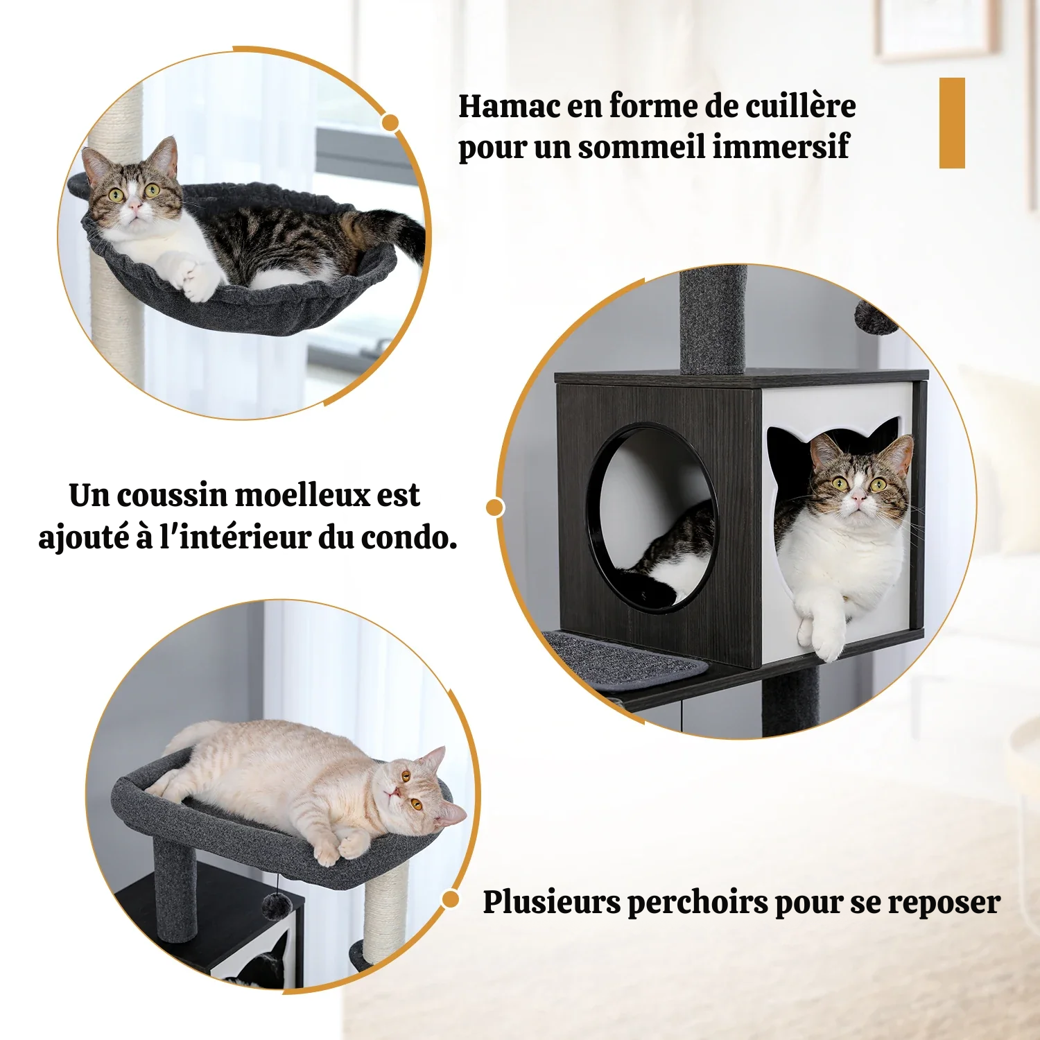 Arbre à chat XXL géant bois massif - griffoir, niche et litière intégrée anti-odeurs