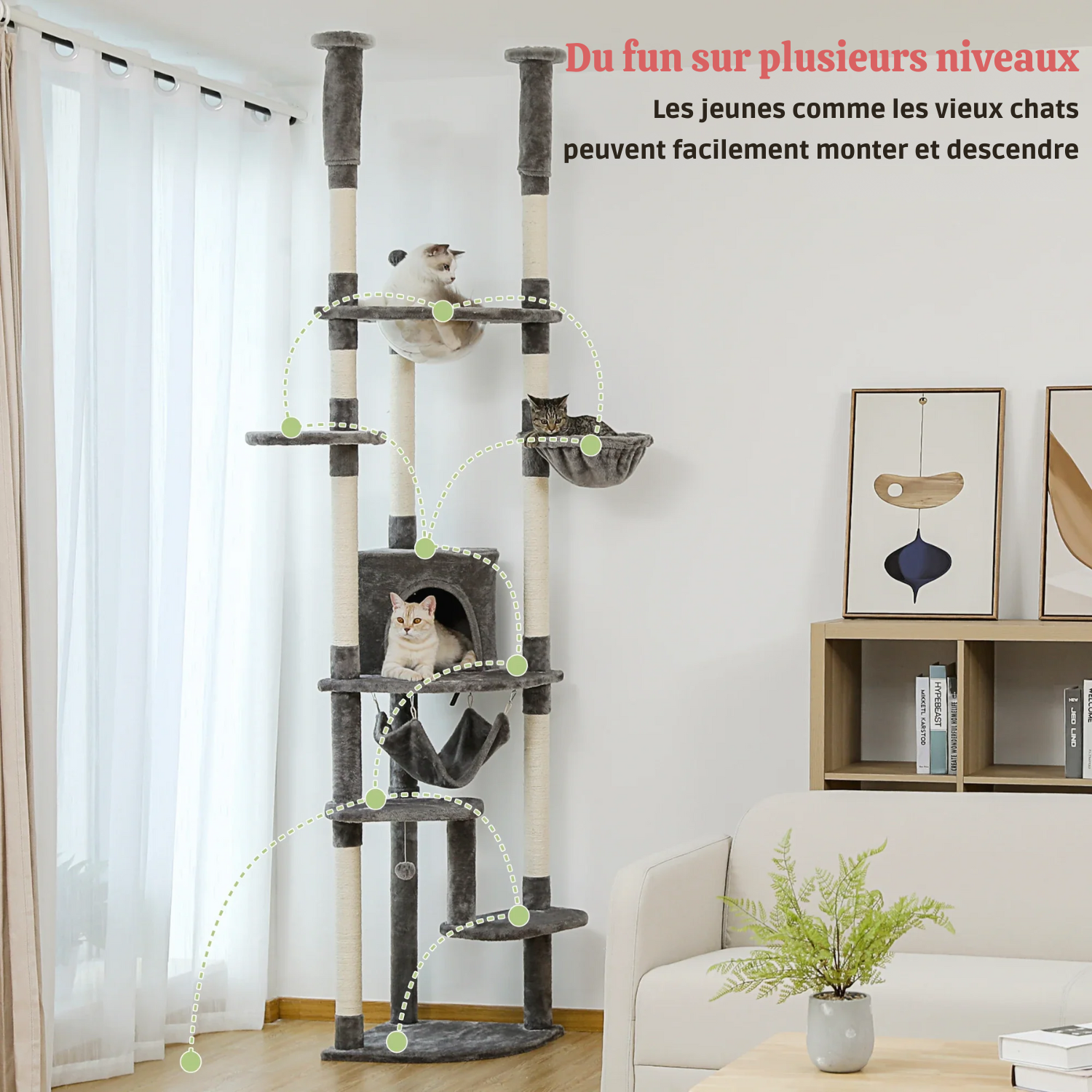 (faire photo) Arbre à Chat Extensible Sol-Plafond - 7 Espaces Repos, 9 Griffoirs Sisal, Lit Acrylique Panoramique - Bois Massif
