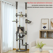 (faire photo) Arbre à Chat Extensible Sol-Plafond - 7 Espaces Repos, 9 Griffoirs Sisal, Lit Acrylique Panoramique - Bois Massif