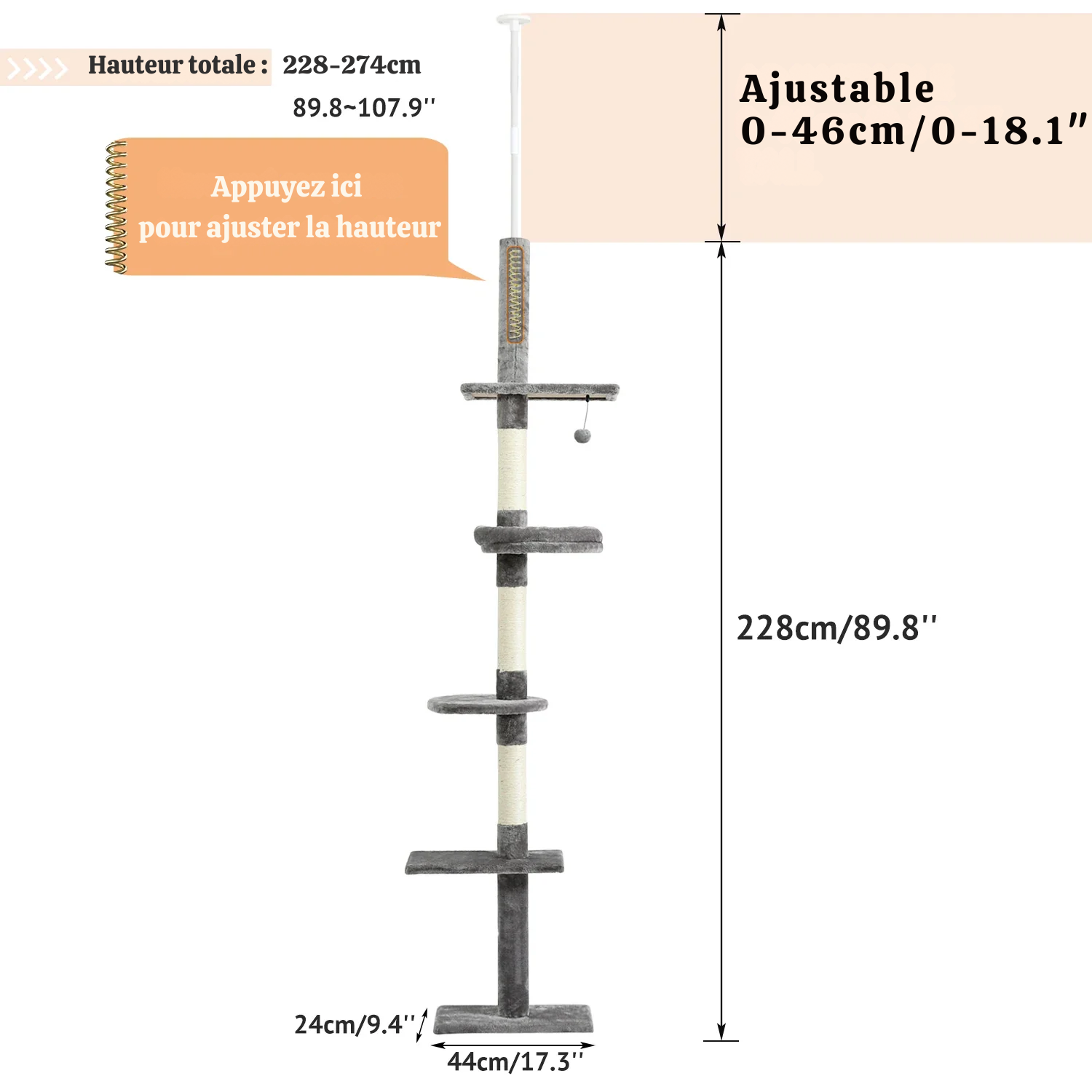 Arbre à chat plafond XXL géant beige - 5 niveaux, sans perçage