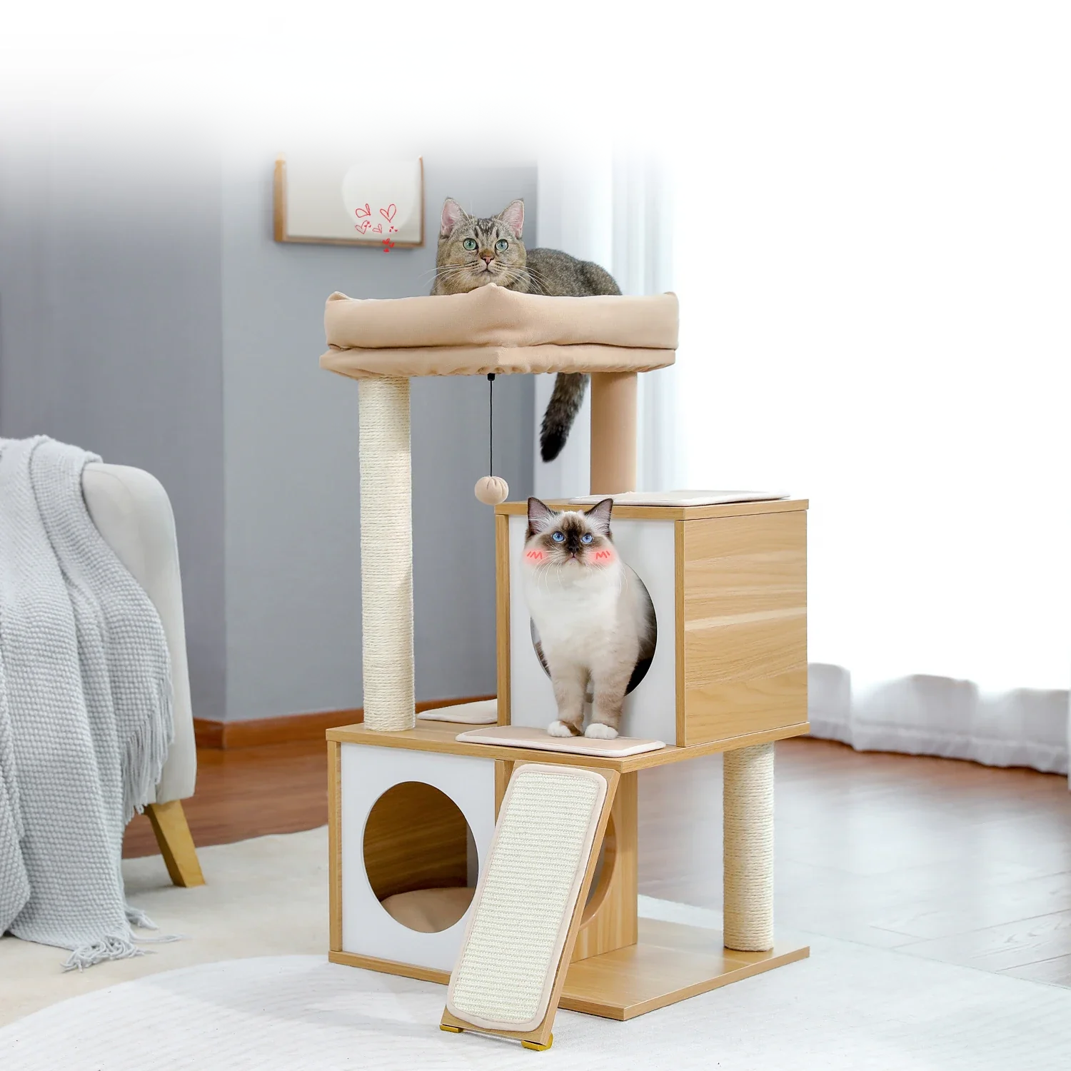 Arbre à chat petit - perchoir extra-large, double niche, griffoir sisal