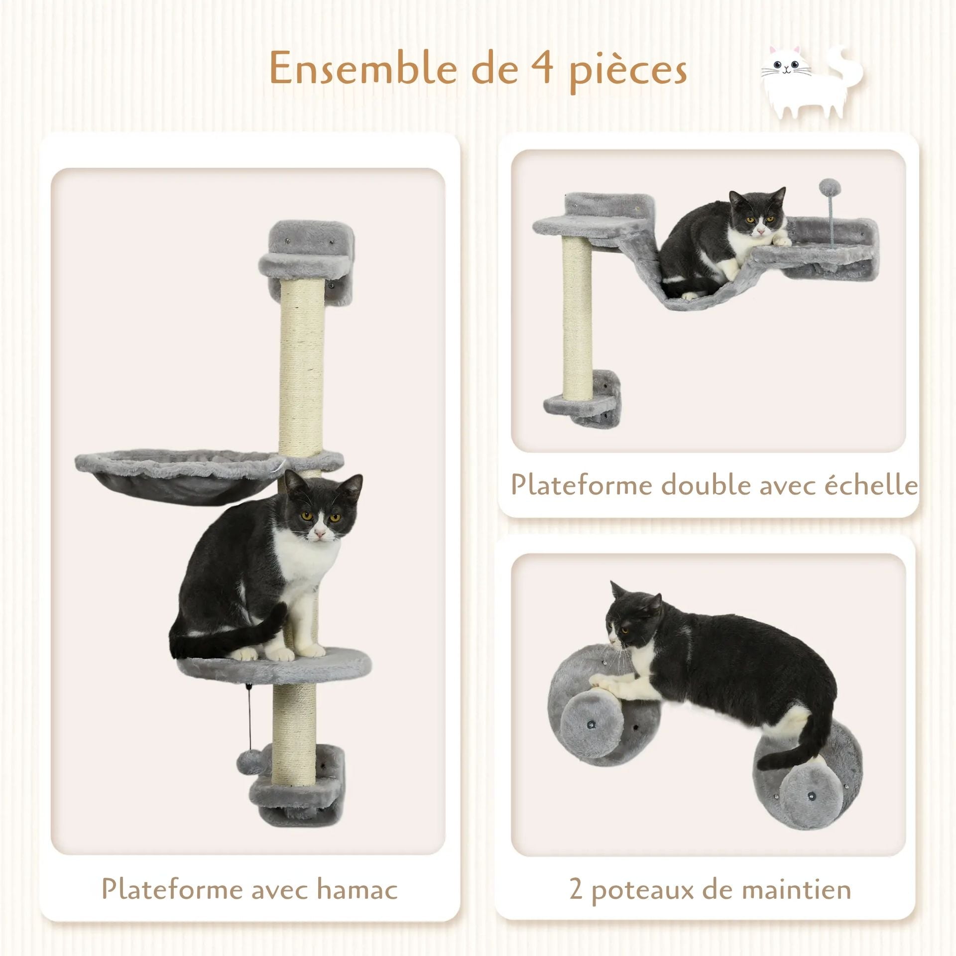 Arbre à chat mural avec hamac suspendu – design compact et 100 % vertical
