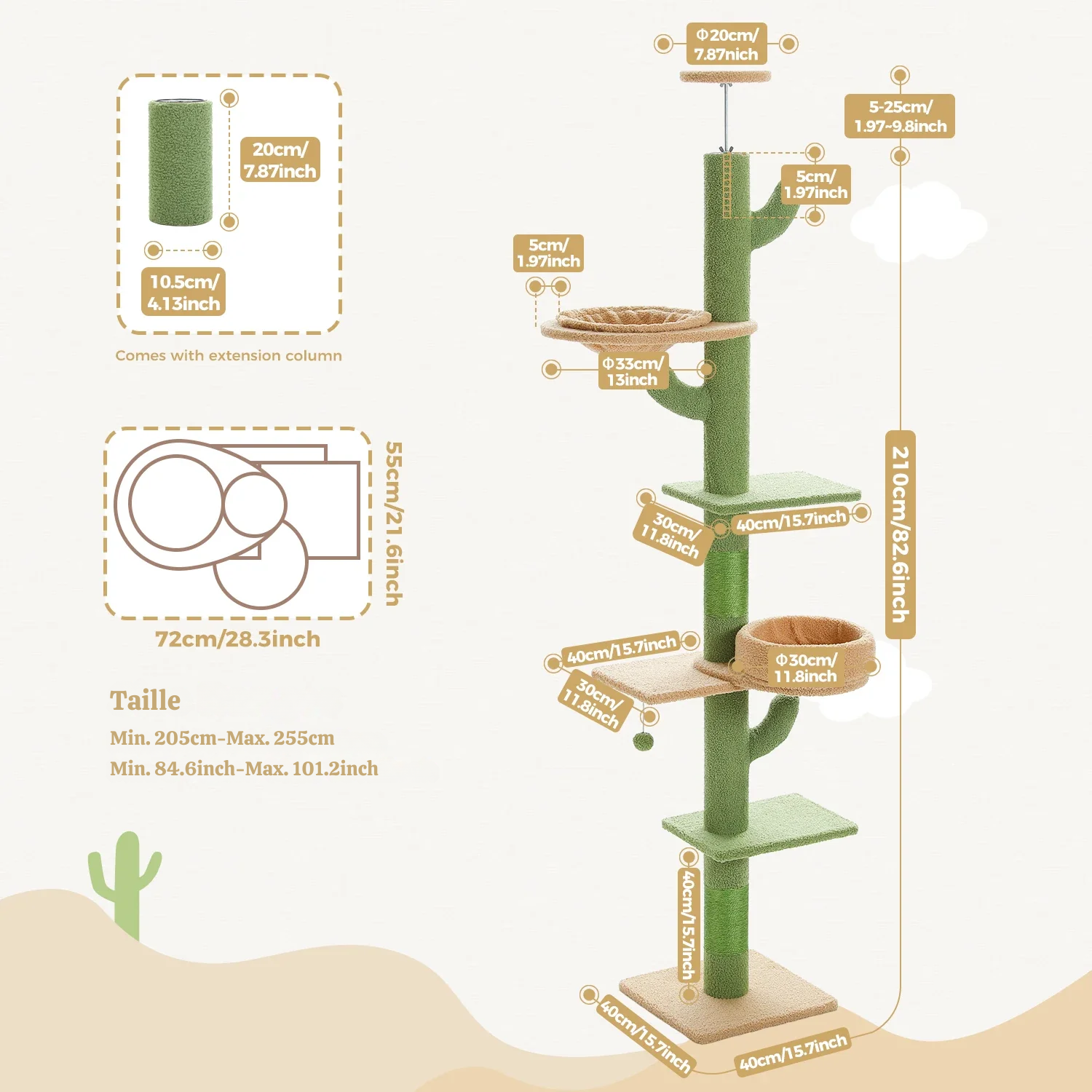 Arbre à chat plafond XXL cactus ajustable - 5 niveaux, griffoirs sisal