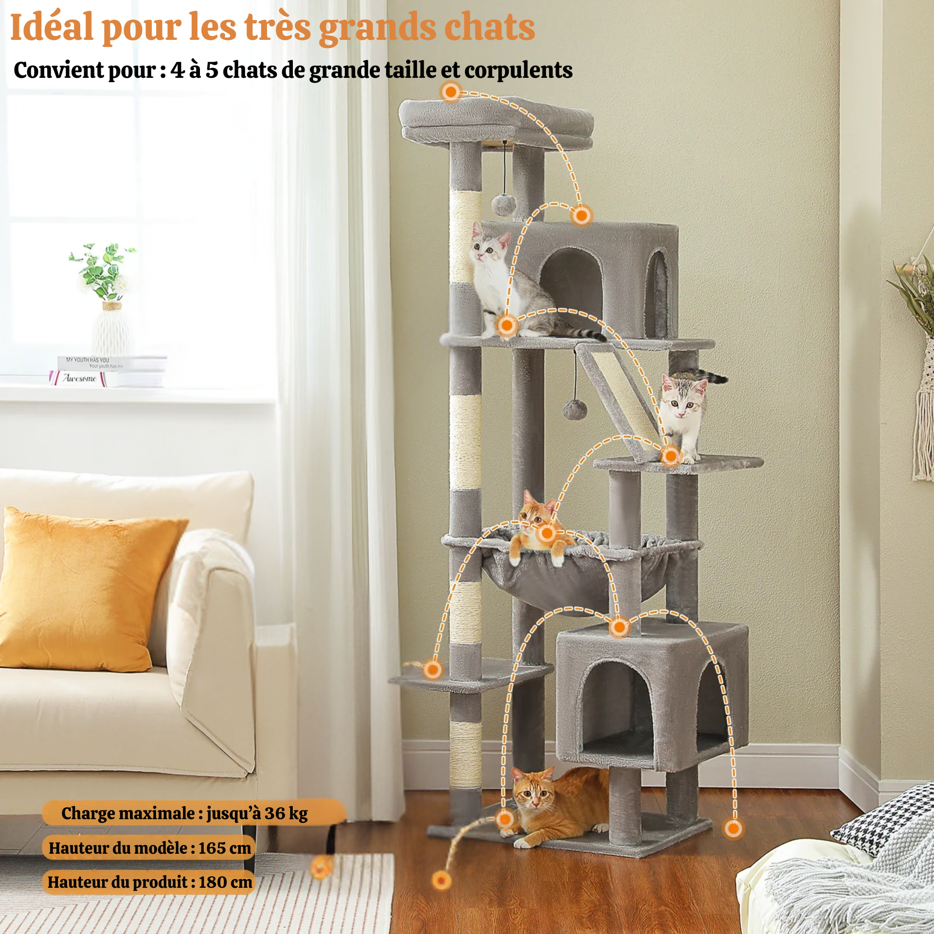 Arbre à chat XXL - avec hamac, niches et perchoir XXL