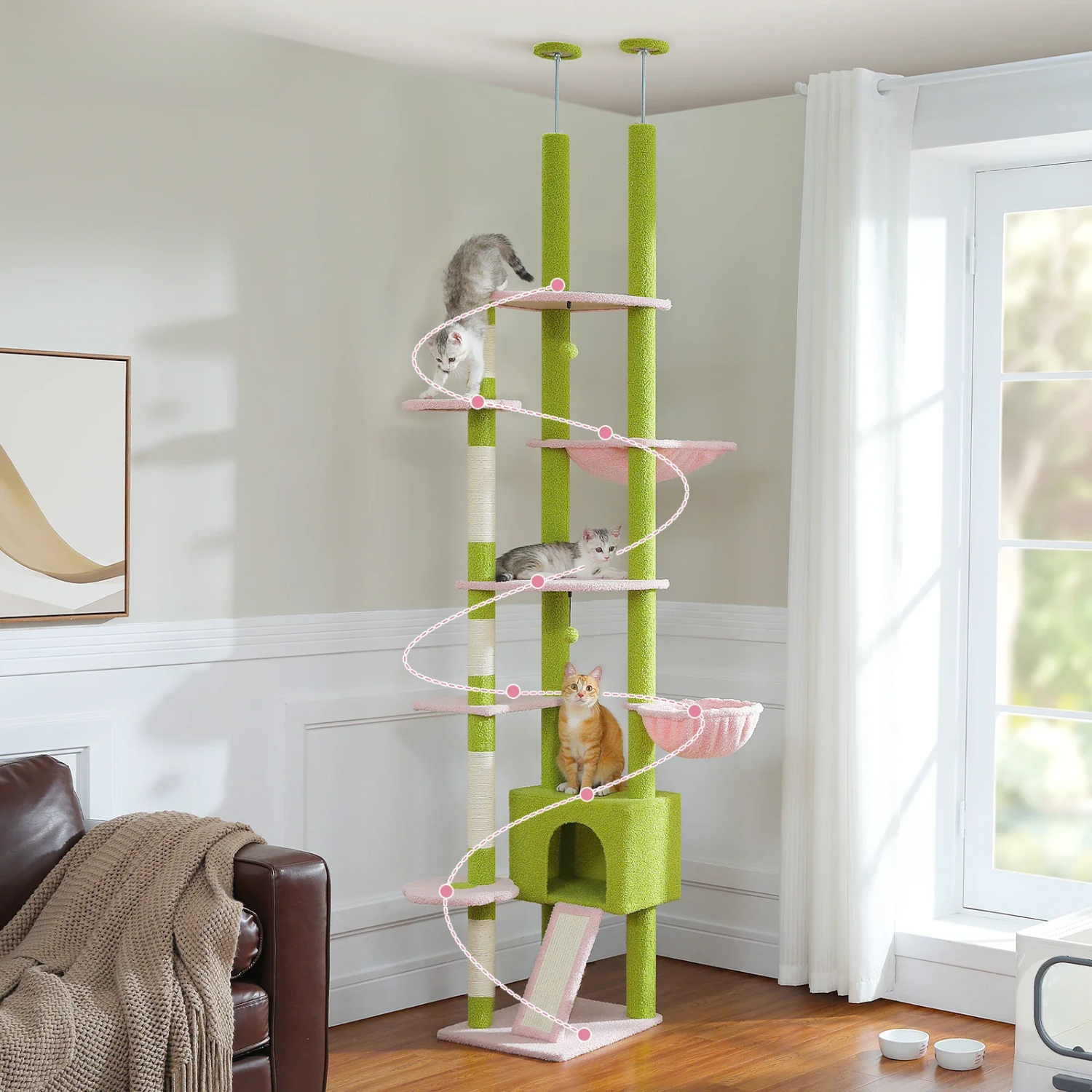 (faire photo) Arbre à Chat XXL Sol-Plafond 252cm - Structure Robuste 16kg, 5 Griffoirs Sisal, Hamac et Niche - 4 Coloris