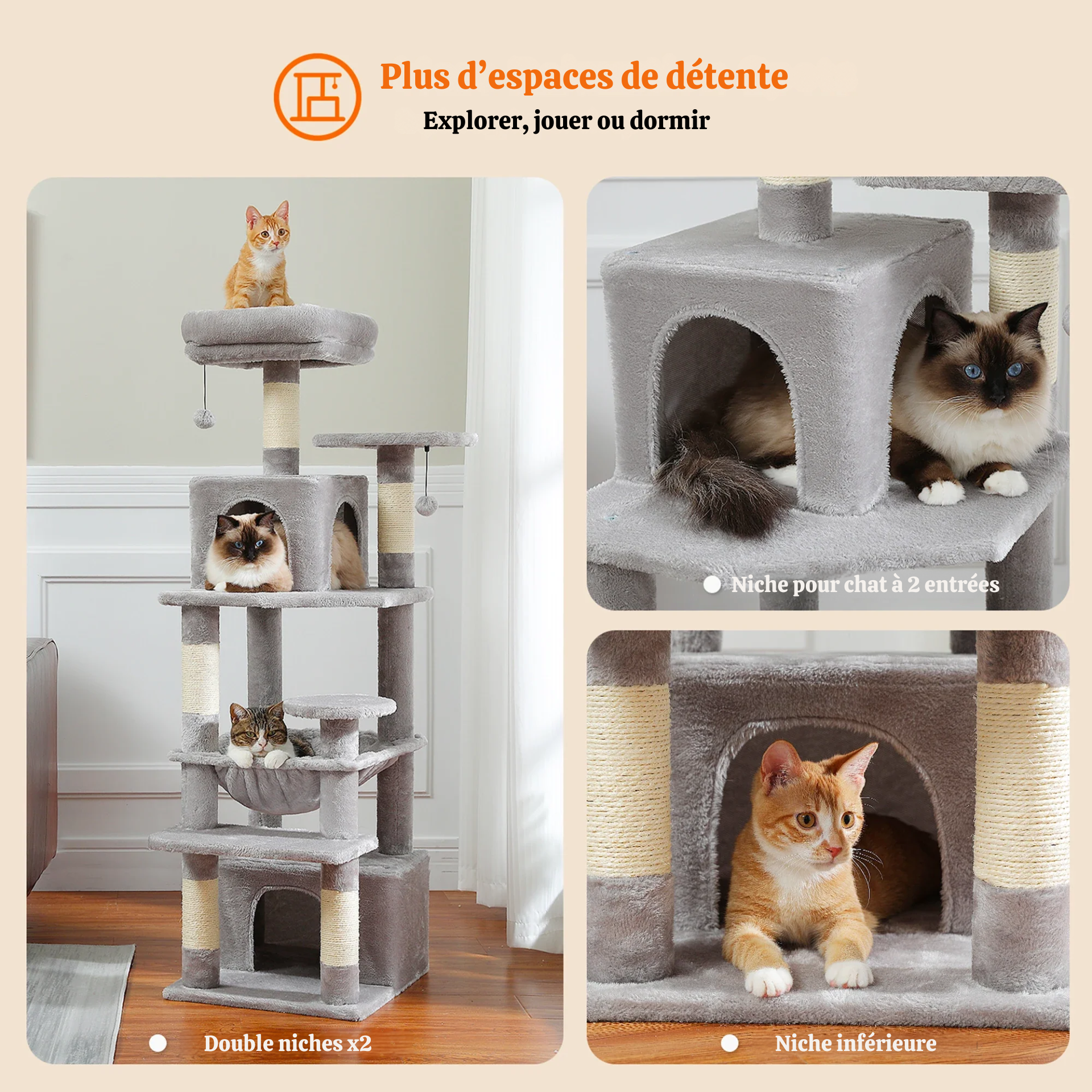 Arbre à chat XXL – hamac, niches et perchoirs pour petits espaces