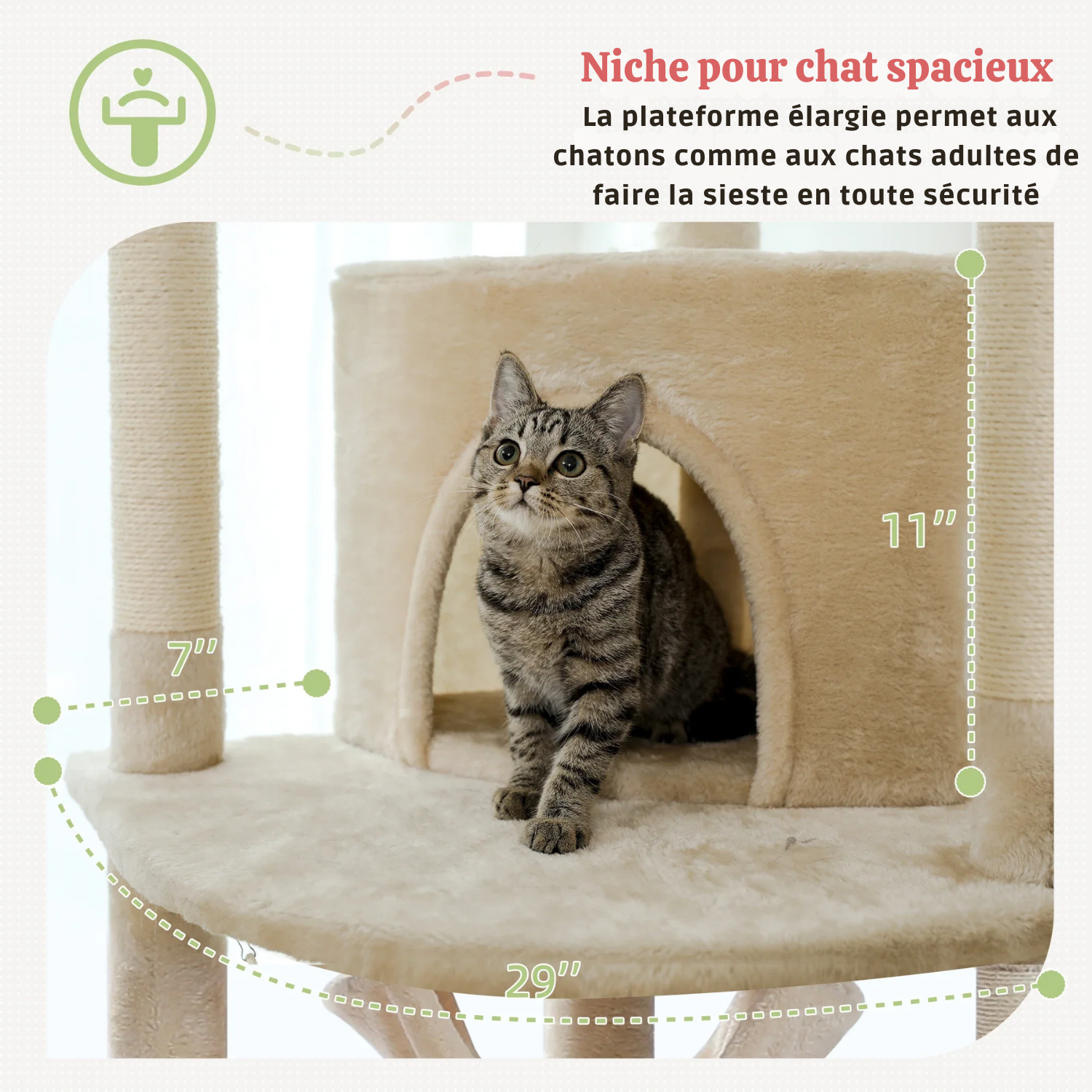 (faire photo) Arbre à Chat Extensible Sol-Plafond - 7 Espaces Repos, 9 Griffoirs Sisal, Lit Acrylique Panoramique - Bois Massif