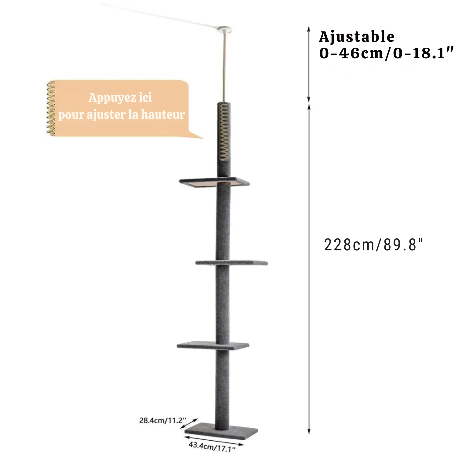 Arbre à chat plafond XXL géant beige - 5 niveaux, sans perçage