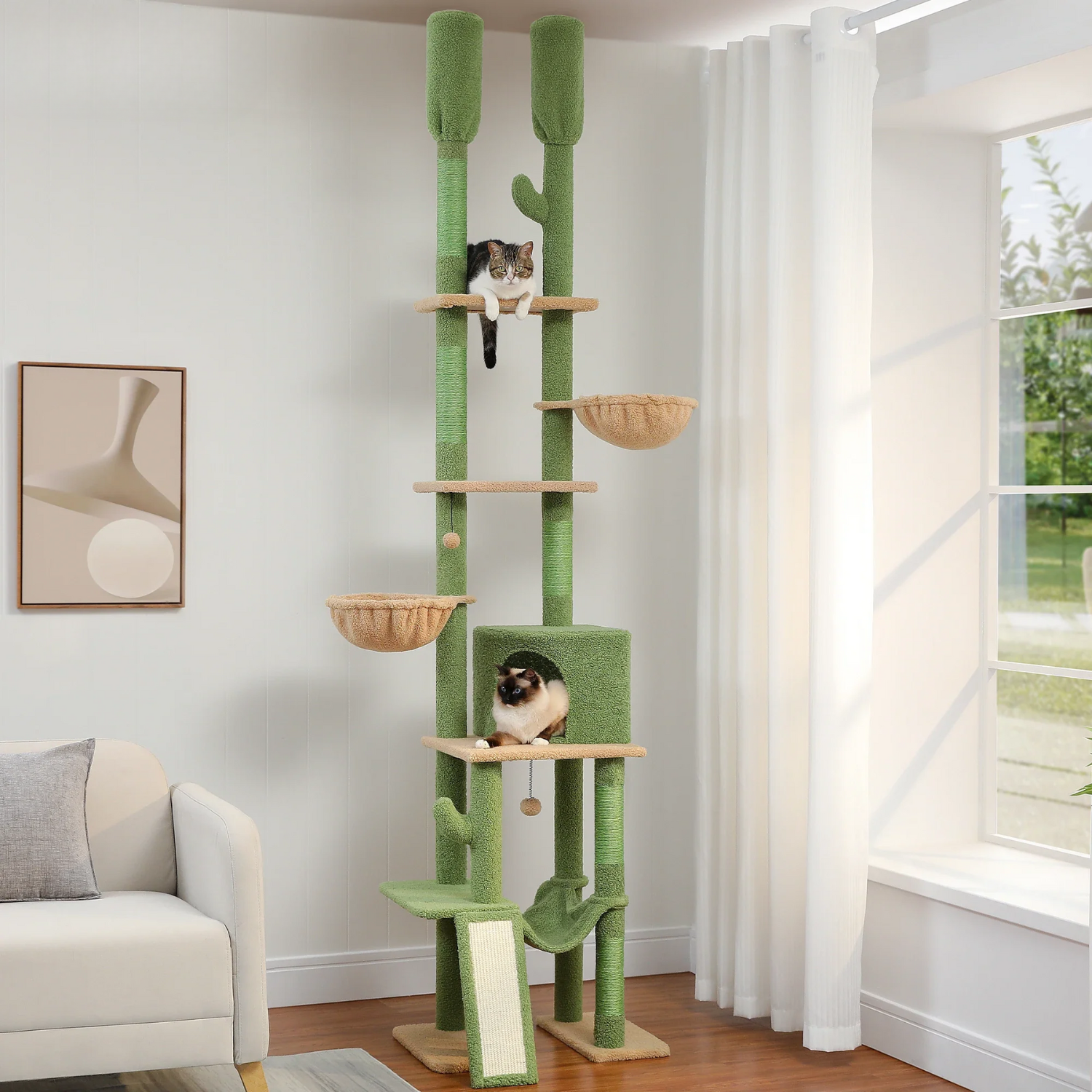 Arbre à chat plafond XXL cactus ajustable - 5 niveaux, griffoirs sisal