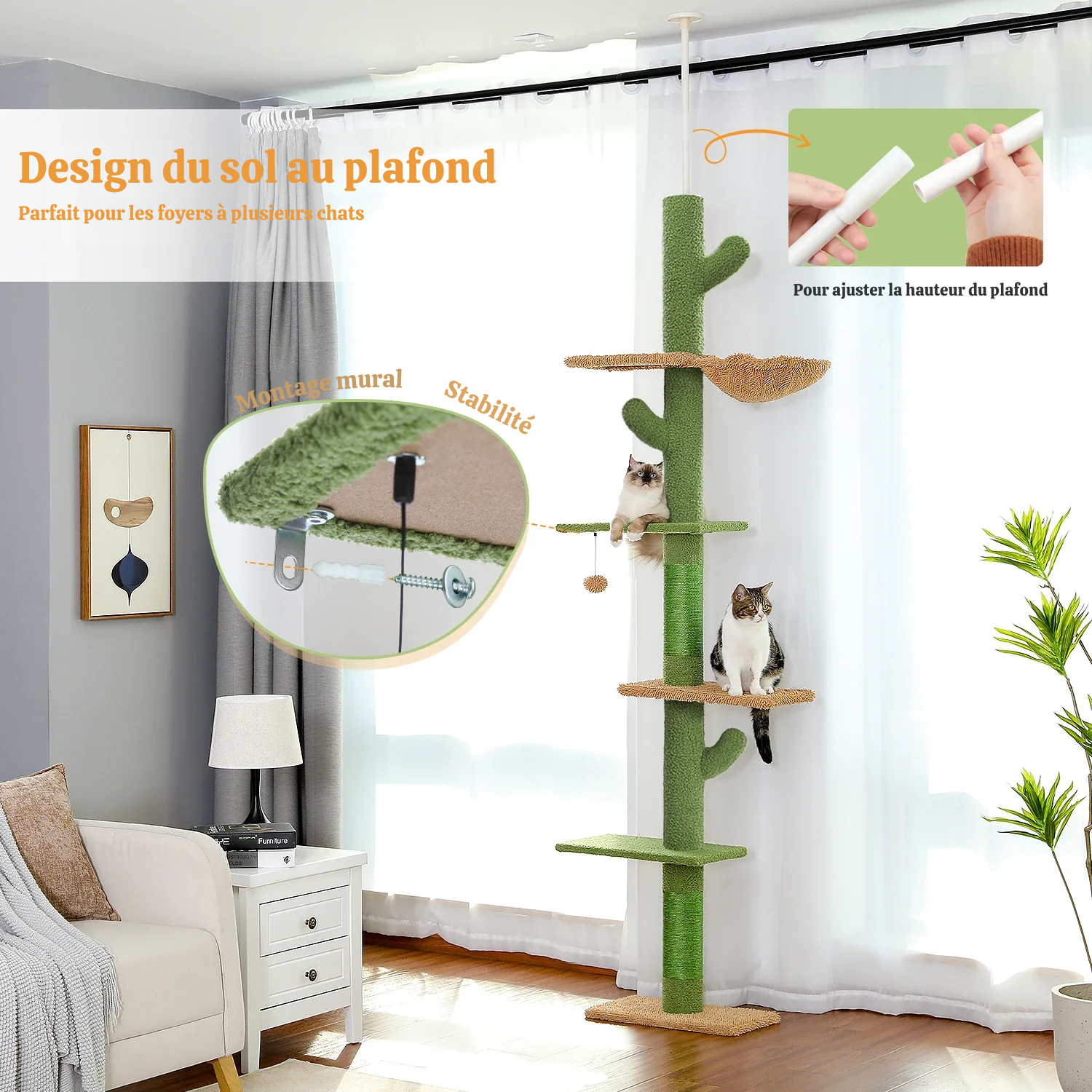 Arbre à chat plafond XXL géant cactus extensible - poteau sisal, 5+ niveaux, fixation sans perçage