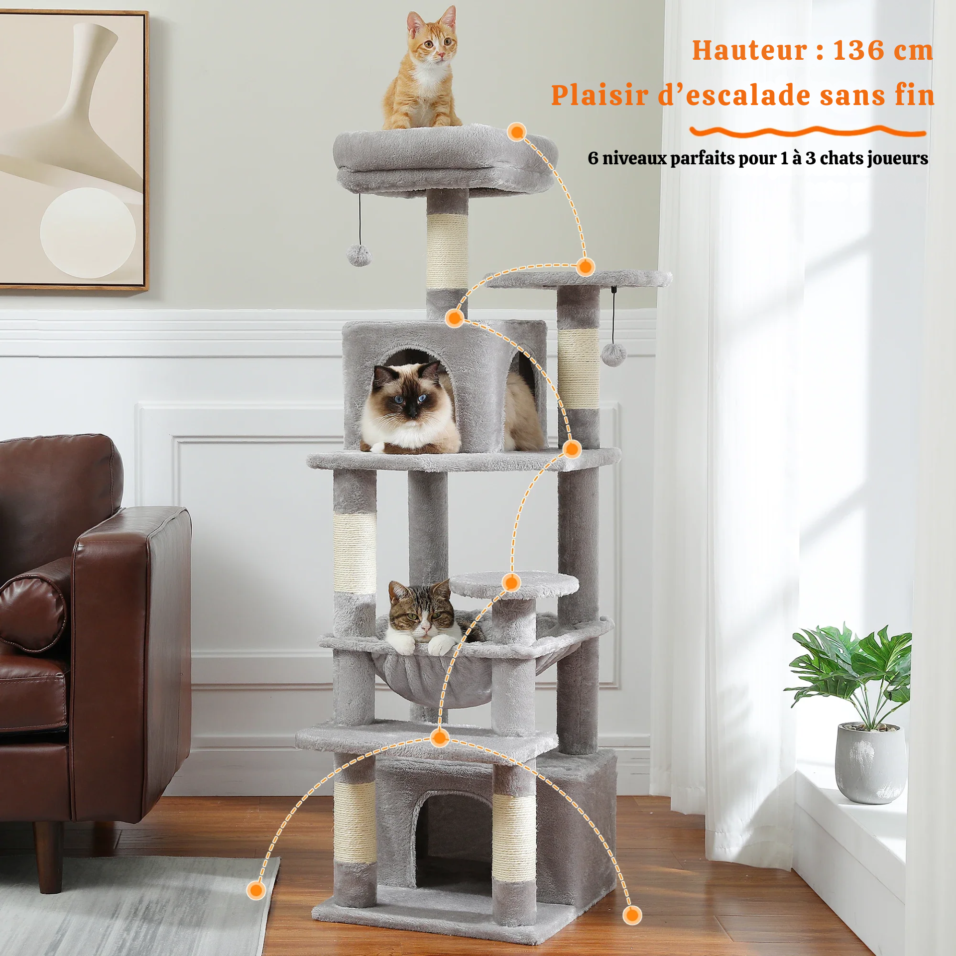 Arbre à chat XXL – hamac, niches et perchoirs pour petits espaces