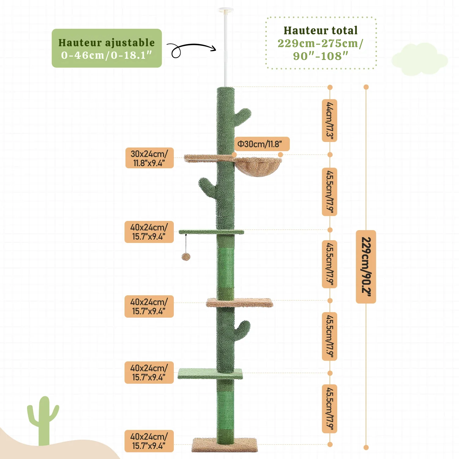Arbre à chat plafond XXL géant cactus extensible - poteau sisal, 5+ niveaux, fixation sans perçage