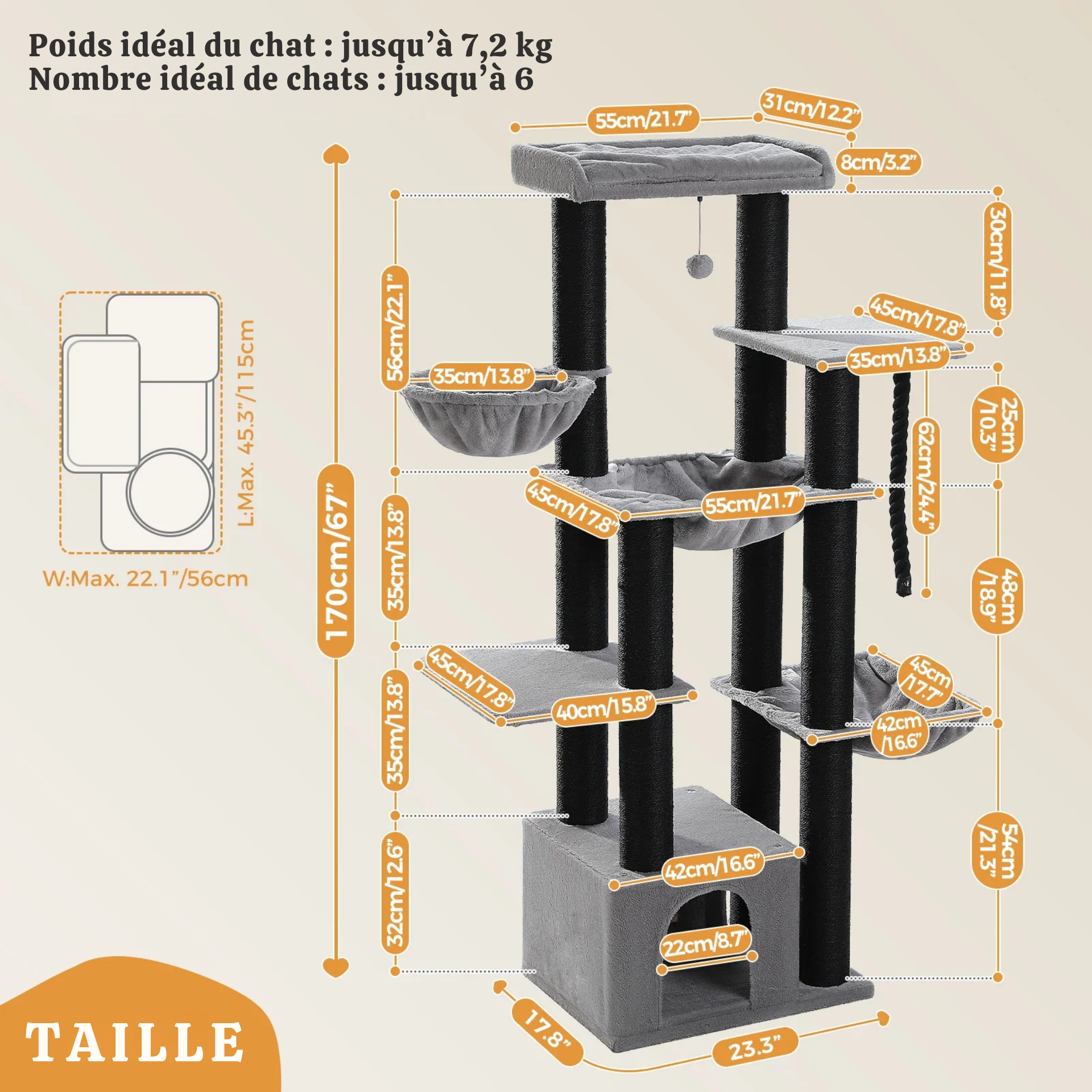 Arbre à chat XXL 170 cm – structure massive et ultra stable