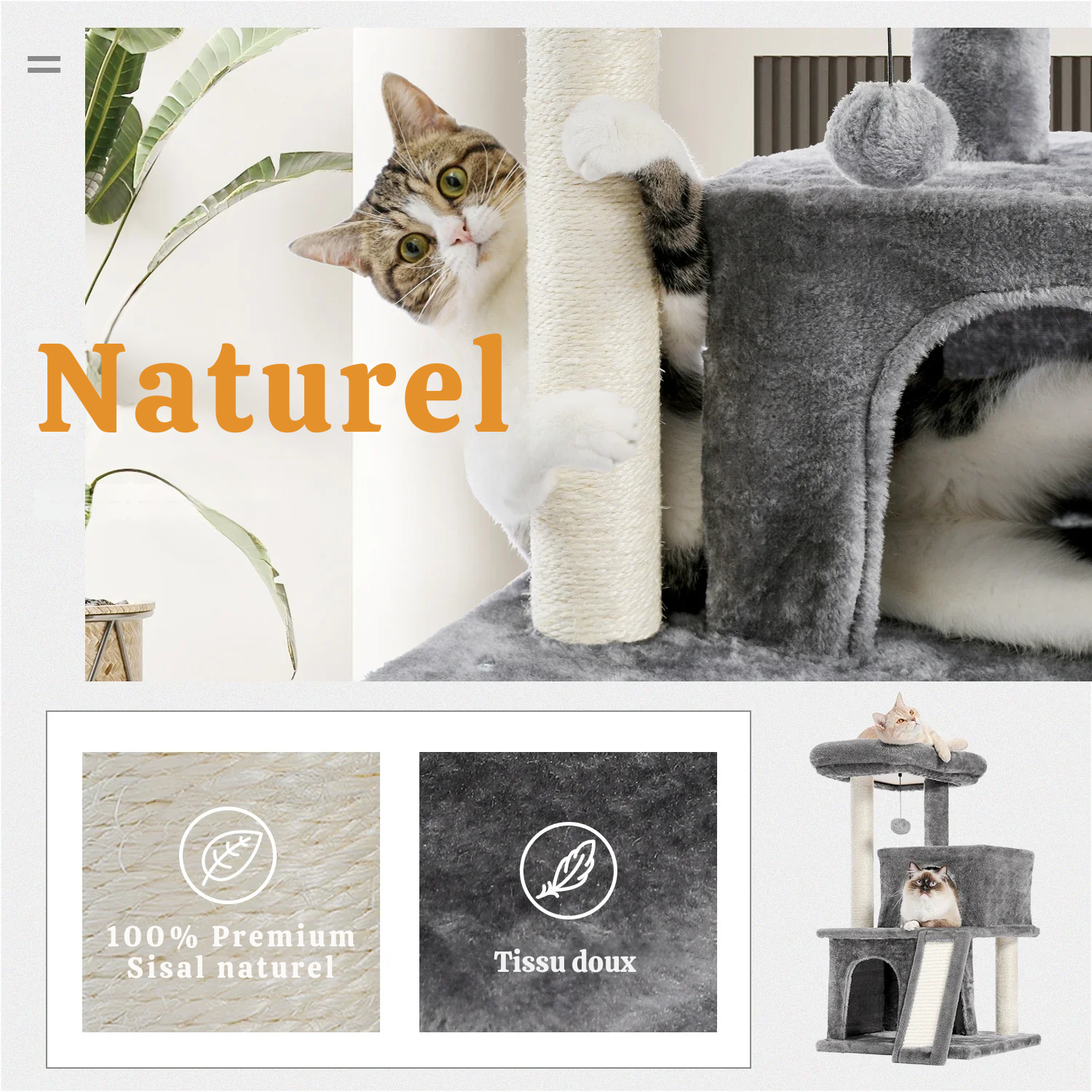 Arbre à chat petit - perchoir extra-large, double niche, griffoir sisal