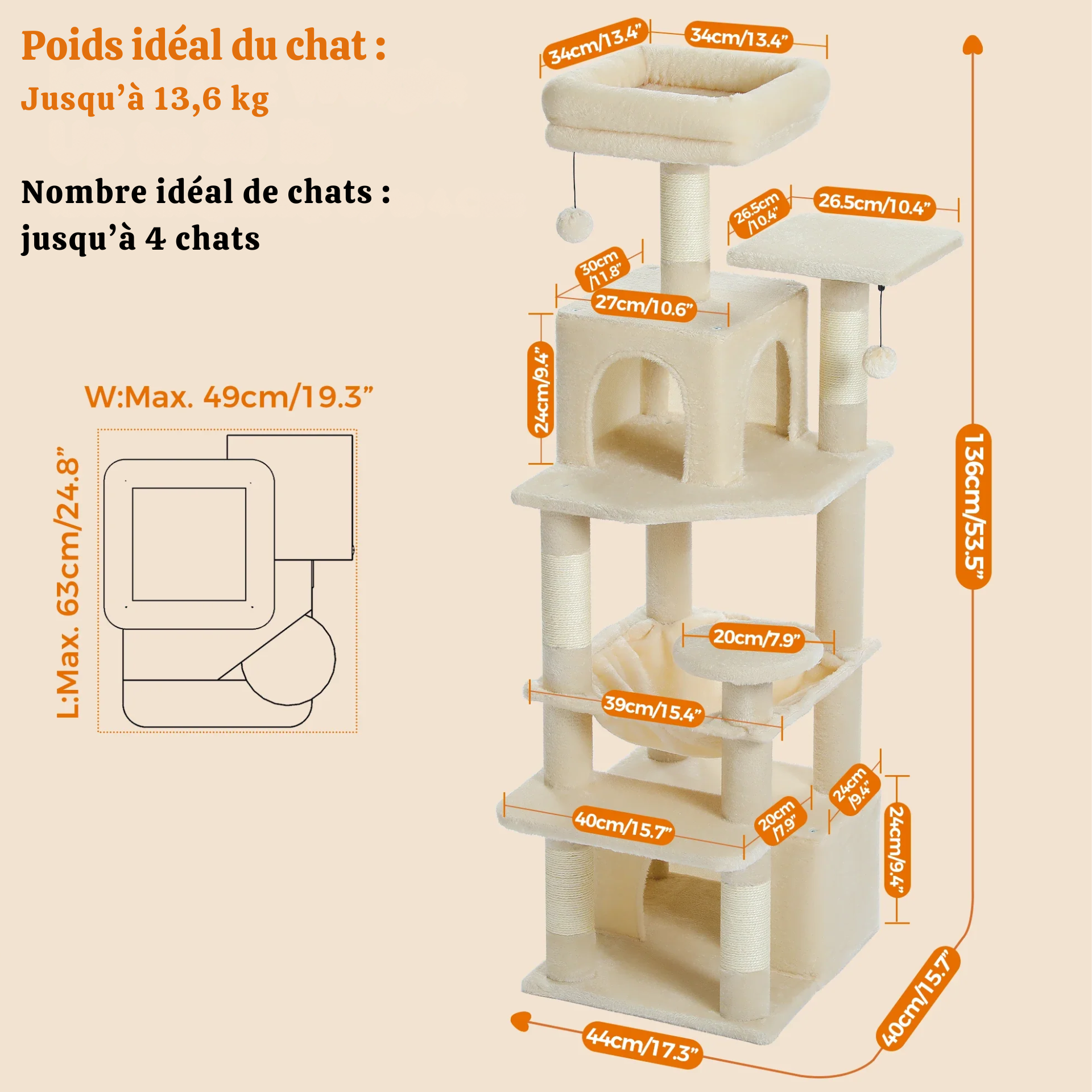 Arbre à chat XXL – hamac, niches et perchoirs pour petits espaces