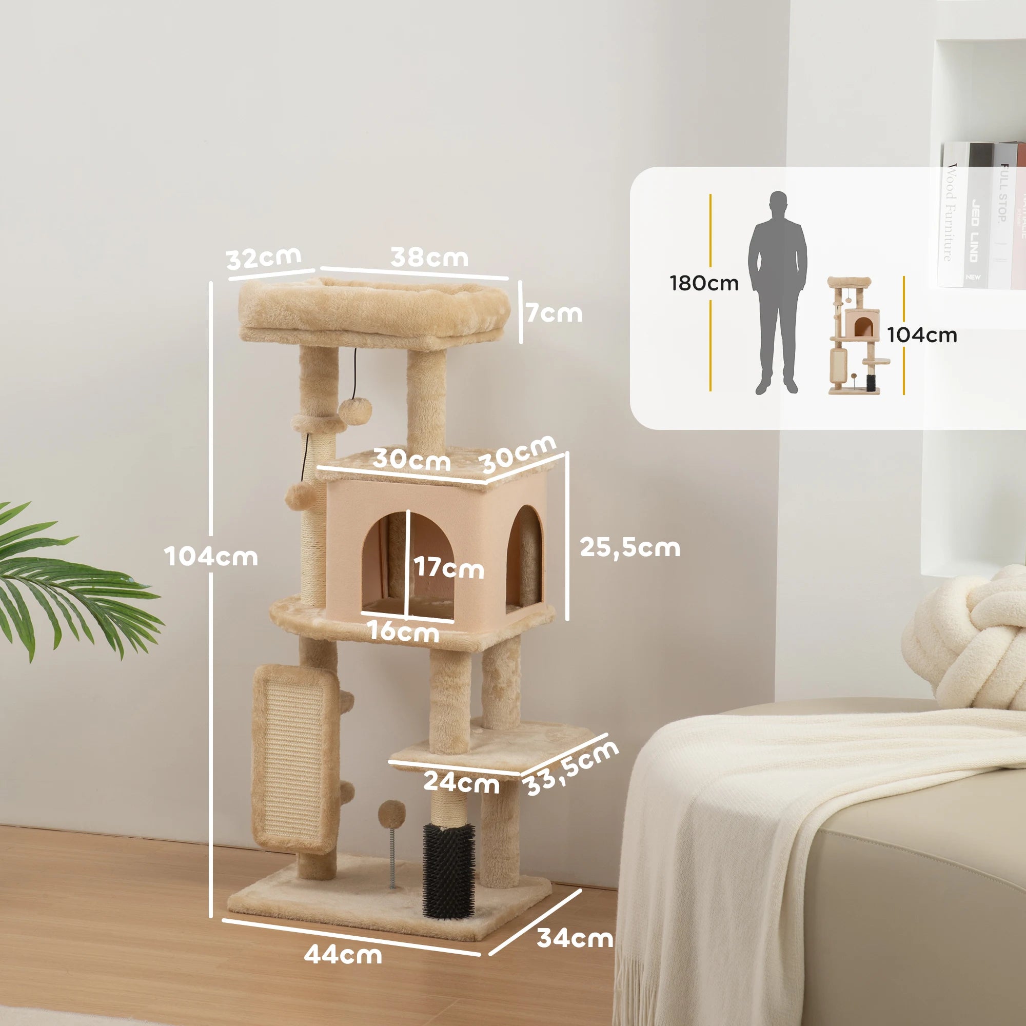 Arbre à chat XXL géant et brosse intégrée - 3 plateformes, niche spacieuse et griffoirs sisal