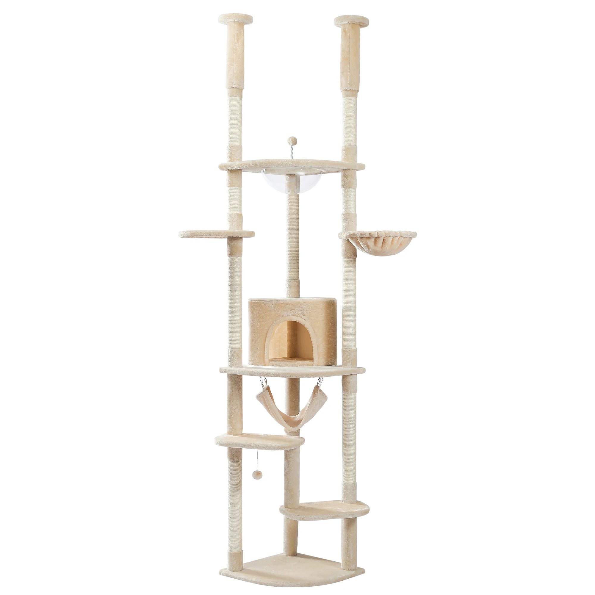 Arbre à chat plafond XXL géant extensible - 7 espaces de repos, 9 griffoirs sisal, lit acrylique en bois Massif