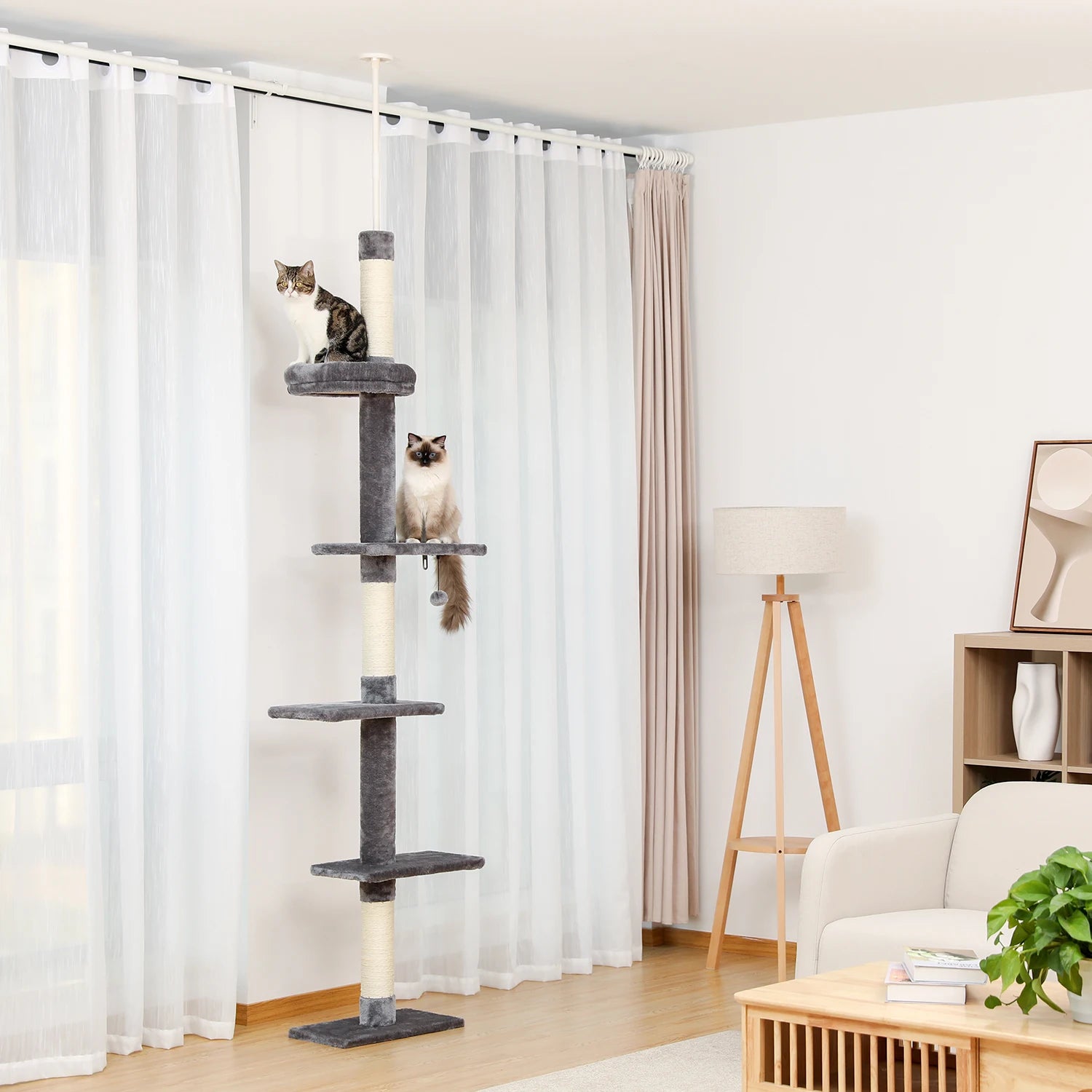 Arbre à chat plafond XXL géant beige - 5 niveaux, sans perçage
