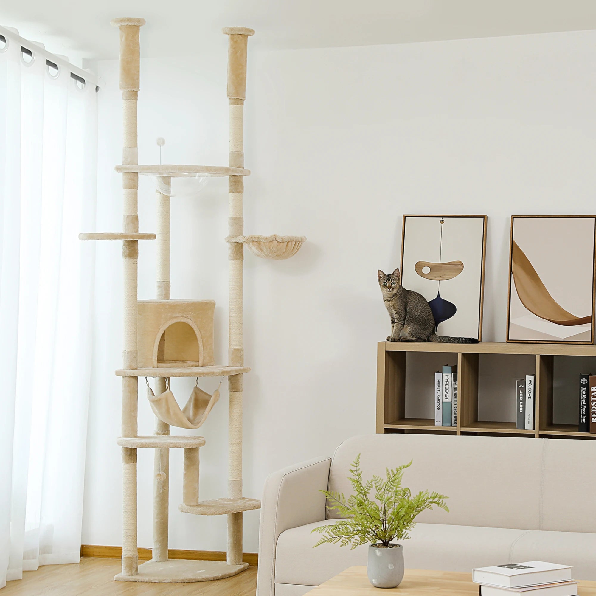Arbre à chat plafond XXL géant extensible - 7 espaces de repos, 9 griffoirs sisal, lit acrylique en bois Massif