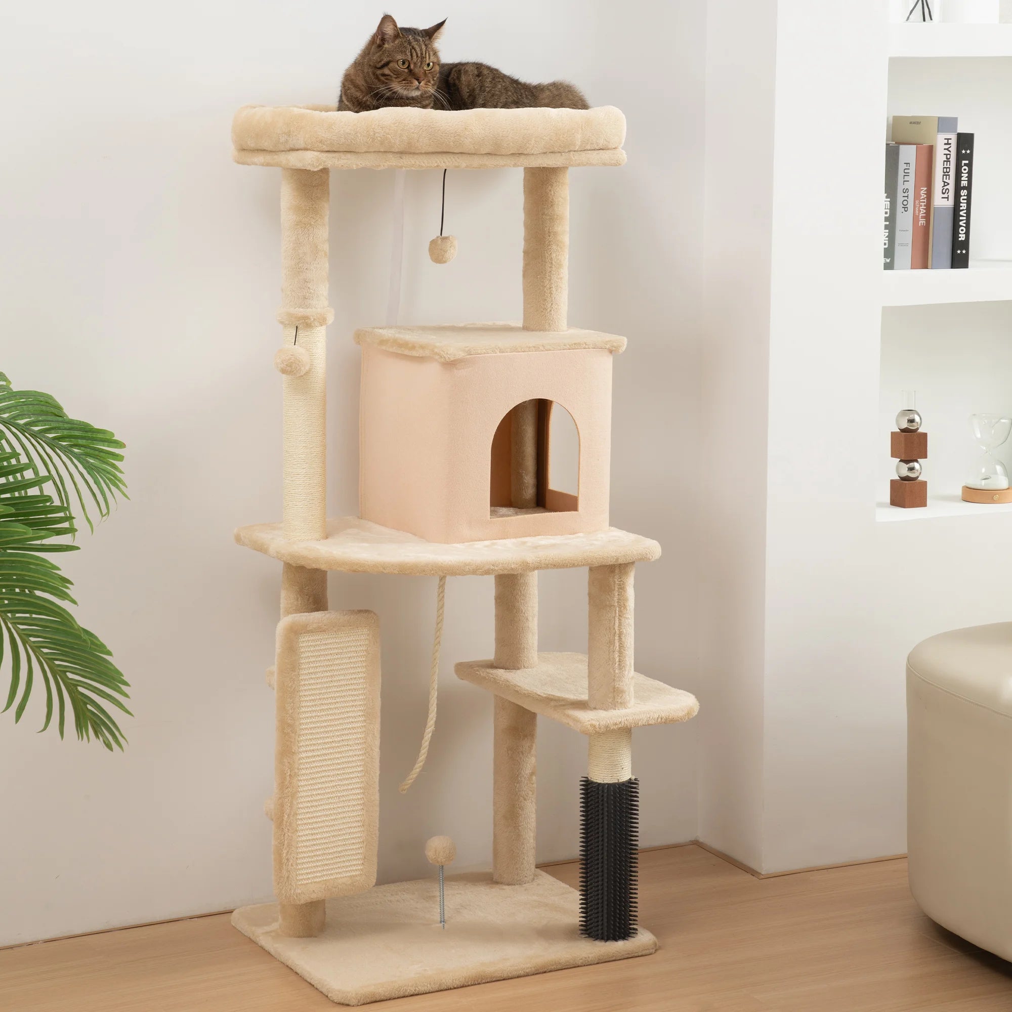 Arbre à chat XXL géant et brosse intégrée - 3 plateformes, niche spacieuse et griffoirs sisal