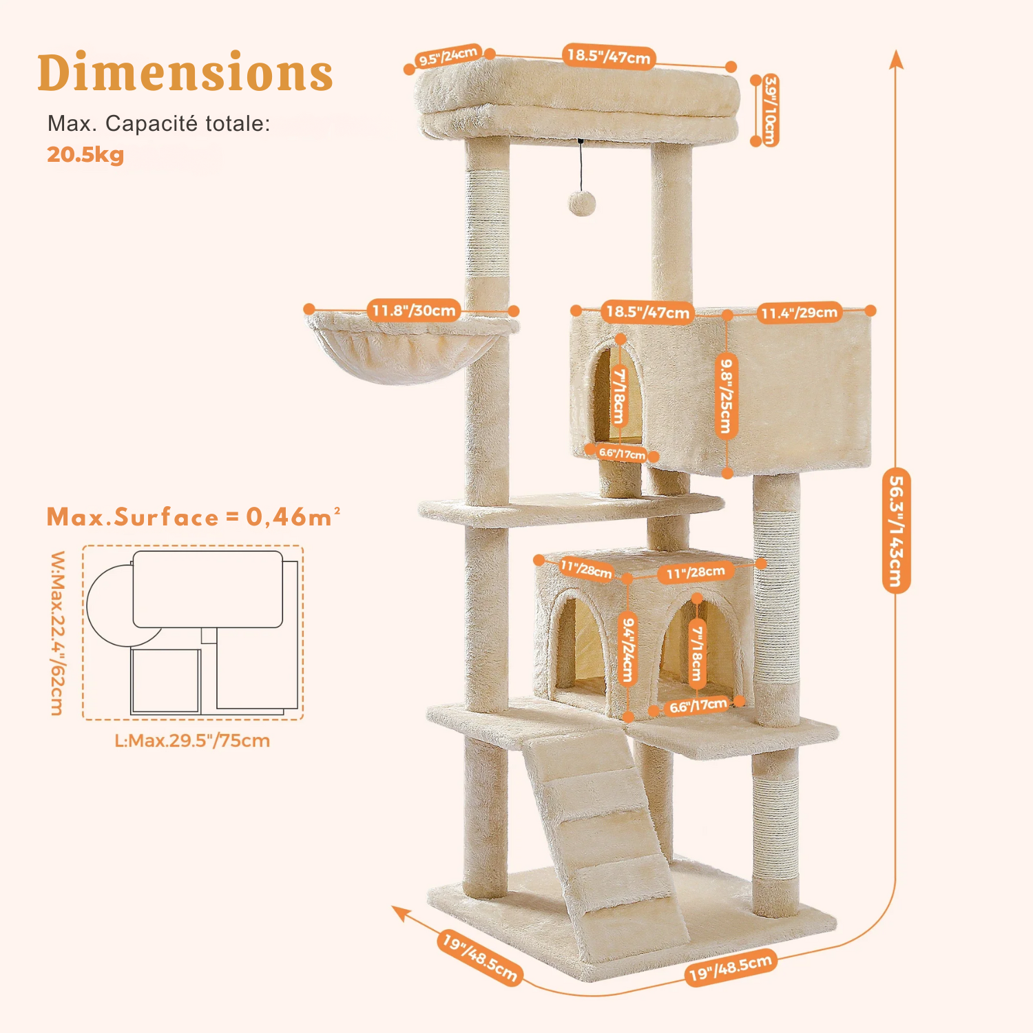 Arbre à chat XXL géant beige : dimensions variables, double espace, robustesse garantie