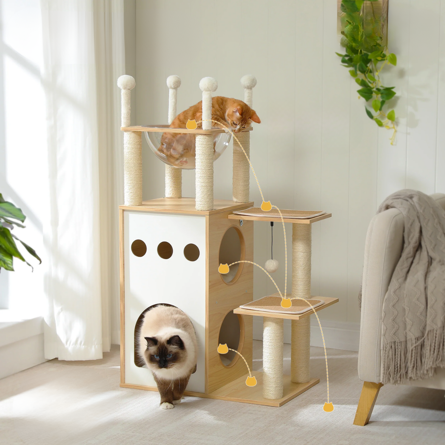 Arbre à Chat 4 Niveaux avec Perchoir Capsule - Base Épaisse 2 Pouces, Niche Double, Griffoirs Sisal - Patins Antidérapants